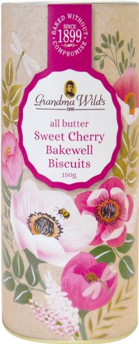 GRANDMA WILD'S Sweet Cherry Bakewell Biscuits in Botanical Floral Tube 150g